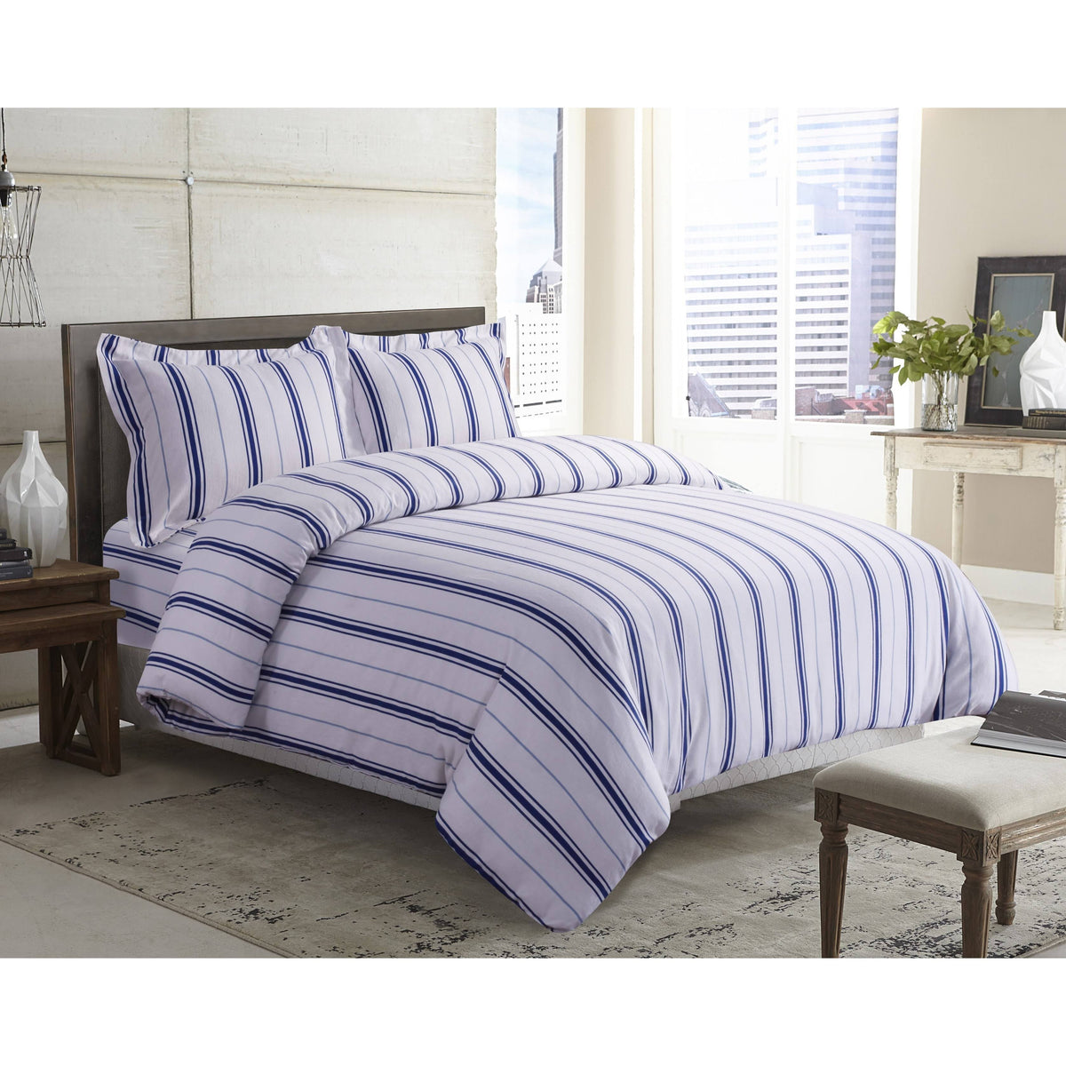 Black Grey Stripe Printed Flannel Duvet Cover Set King L23583