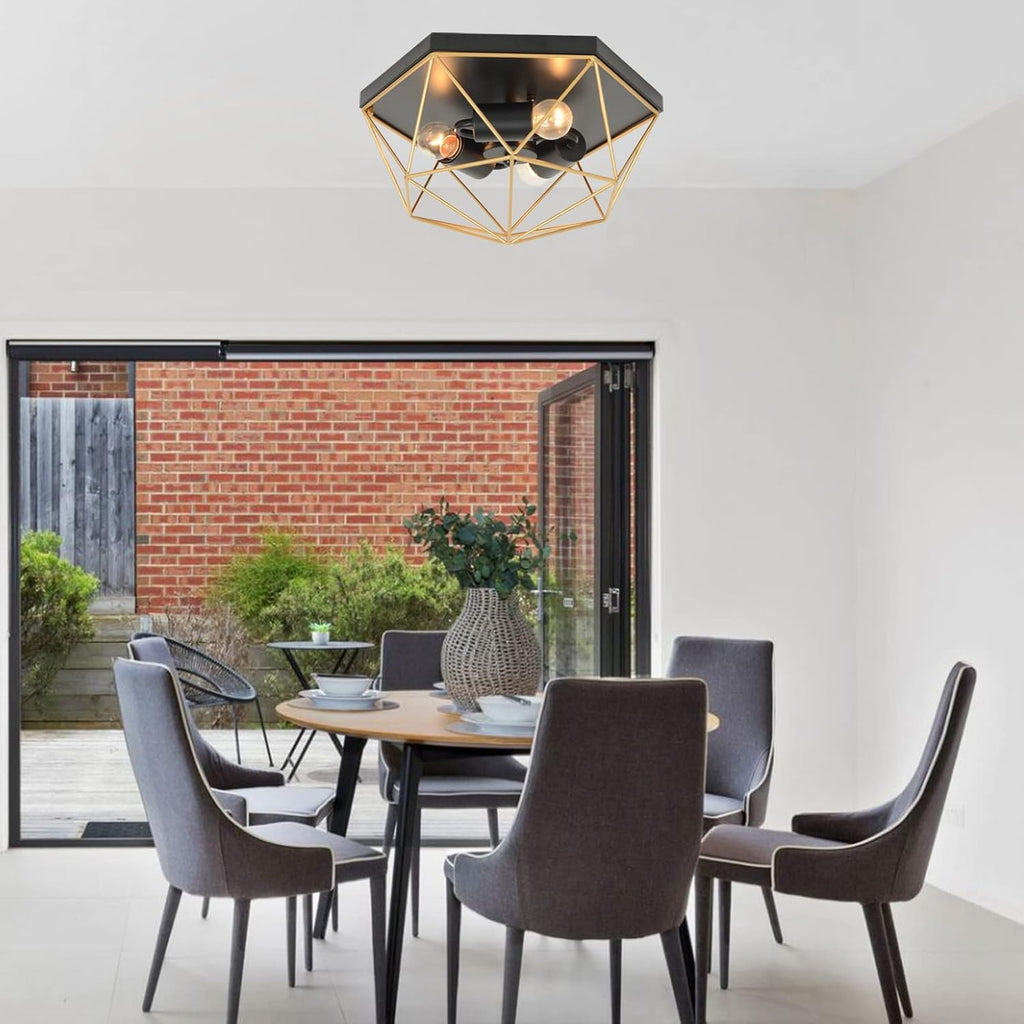 3-Light Industrial Ceiling Light Black Gold Metal Cage Fixture M558