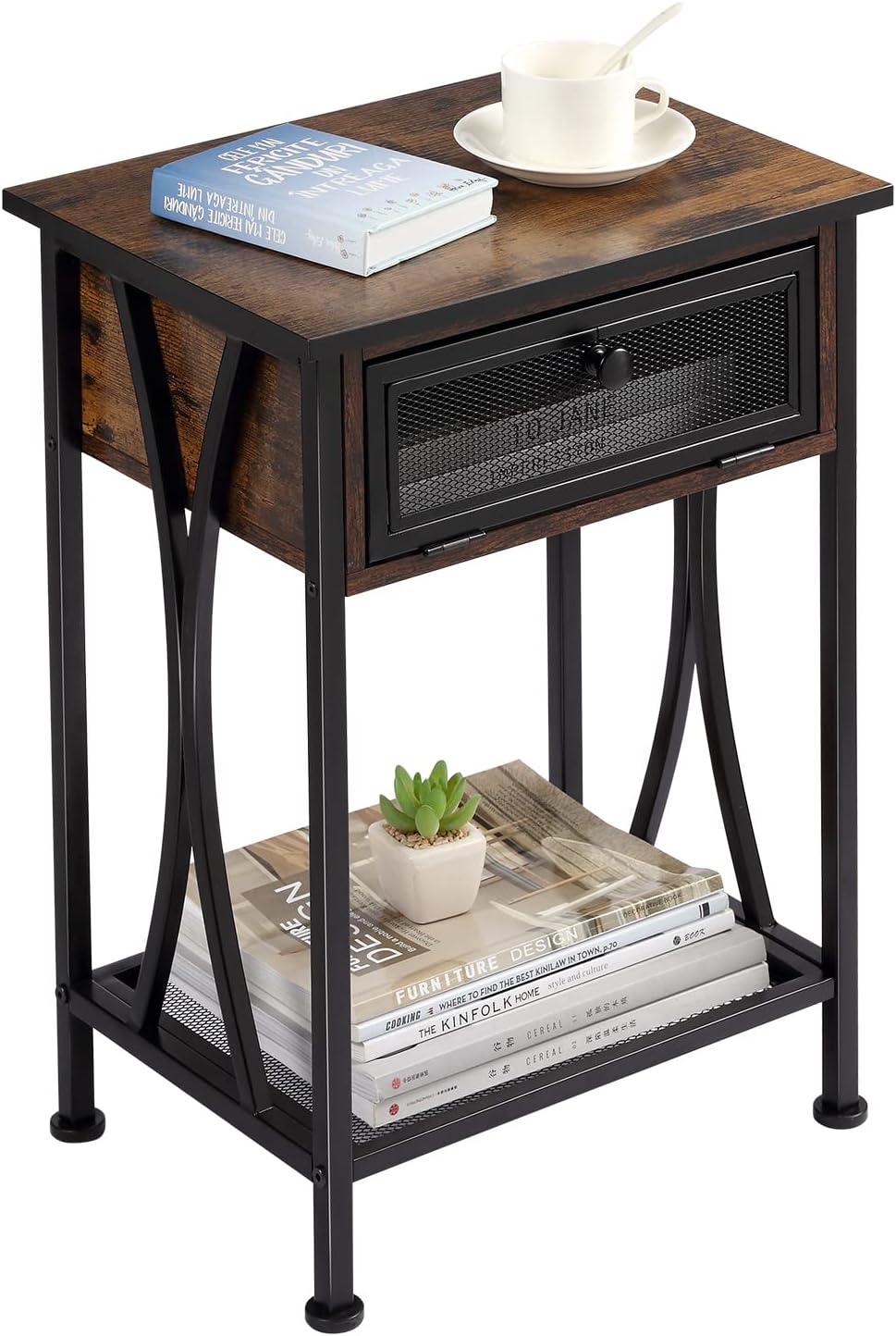 Rustic Brown Nightstand with Storage Cabinet and Shelf P986