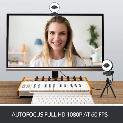 1080P Webcam with Ring Light, Auto-Focus with Tripod, Full HD Web Camera with Dual Microphones A680629