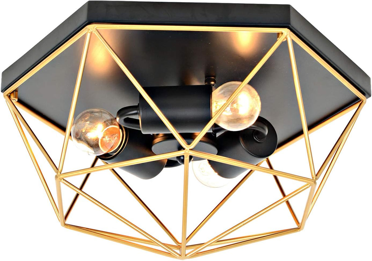 3-Light Industrial Ceiling Light Black Gold Metal Cage Fixture M558