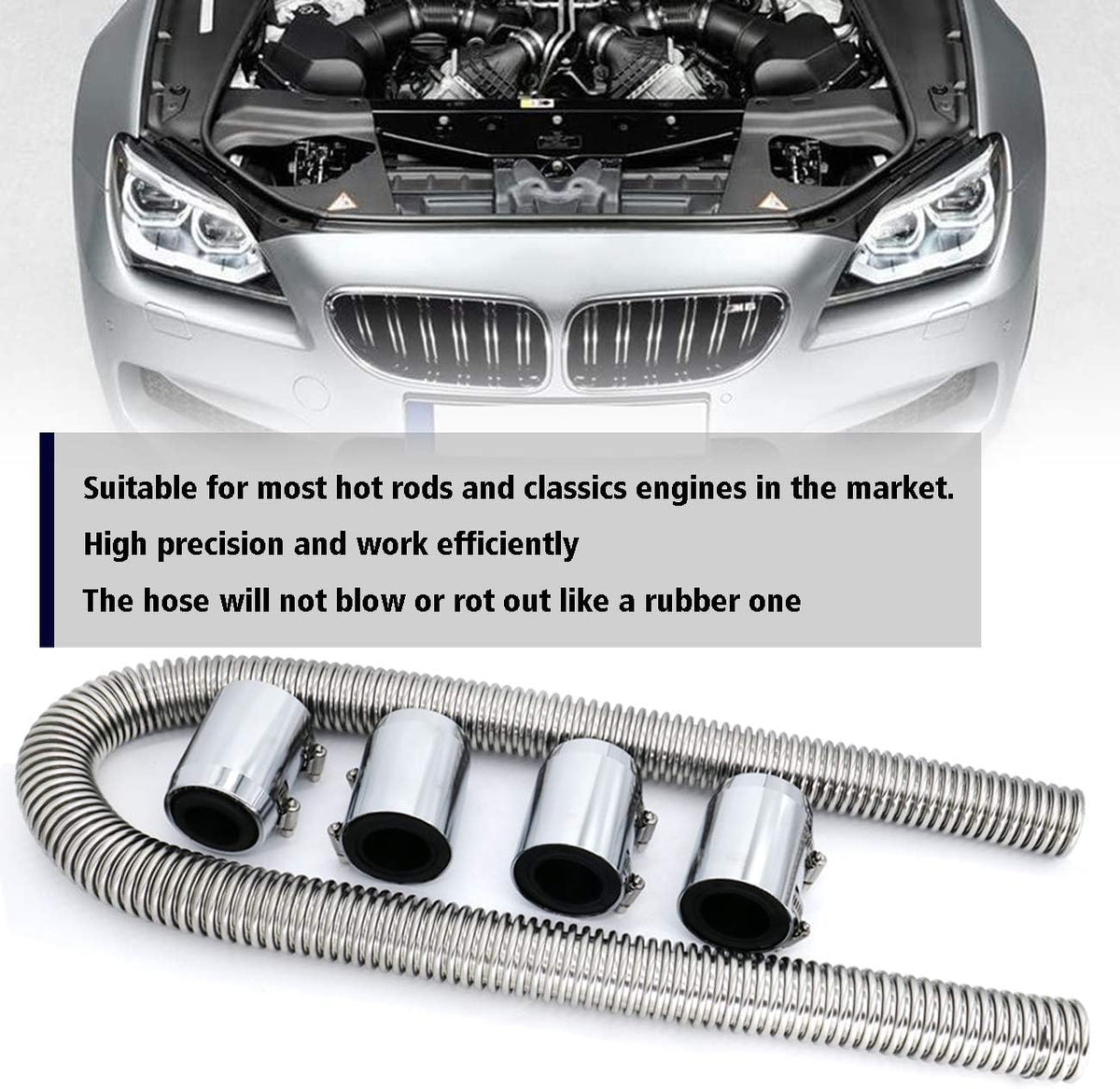 48 Chrome Stainless Steel Radiator Hose Kit with 4pcs Chrome Caps F60296