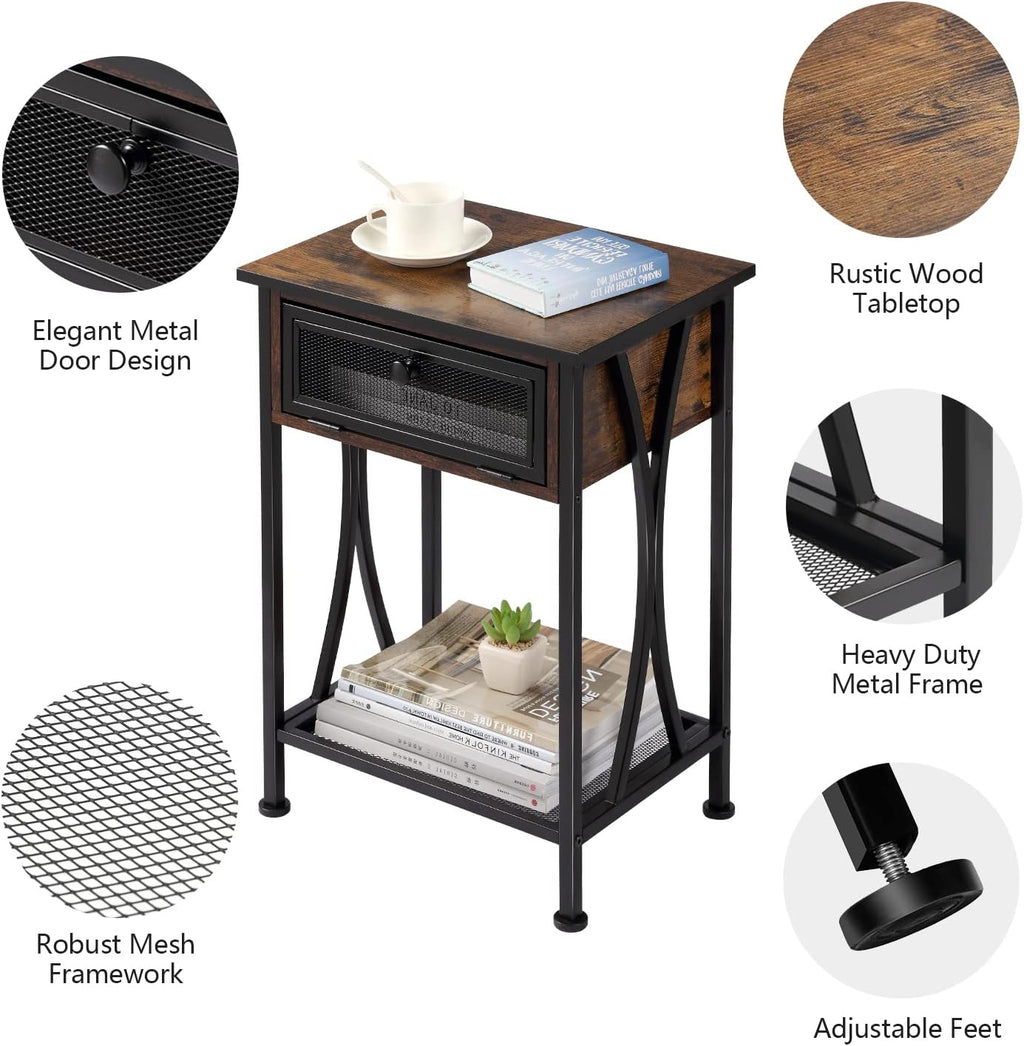 Rustic Brown Nightstand with Storage Cabinet and Shelf P986