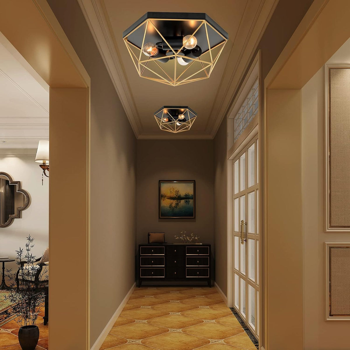 3-Light Industrial Ceiling Light Black Gold Metal Cage Fixture M558