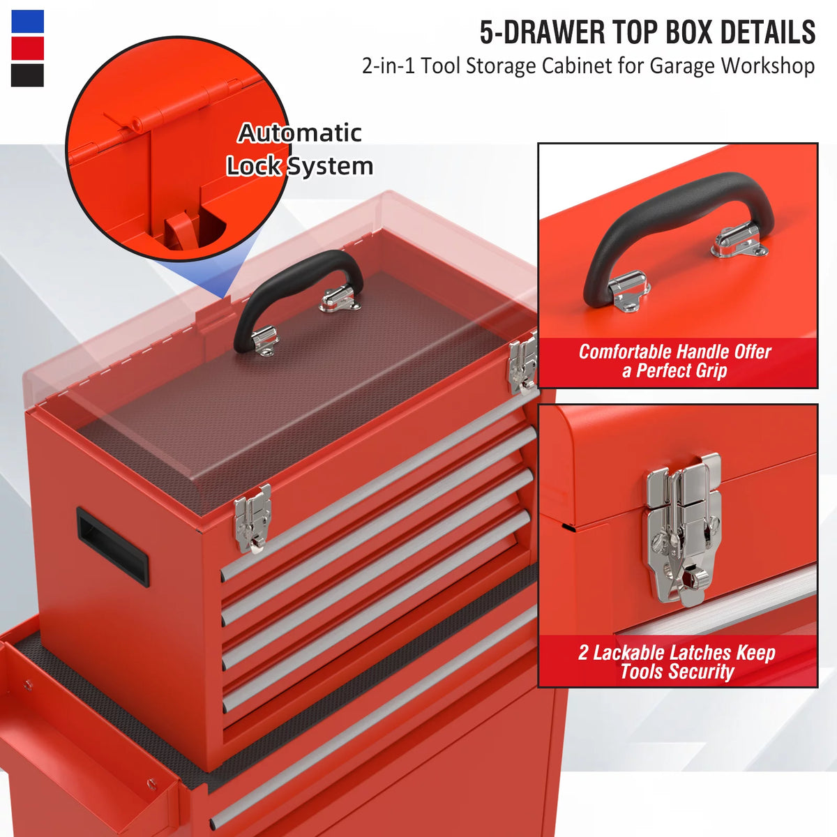 Red 5 Drawer Tool Storage Cabinet with Wheels and Lock Y94384