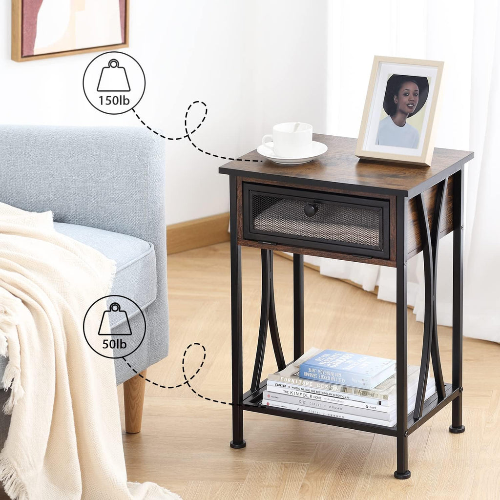 Rustic Brown Nightstand with Storage Cabinet and Shelf P986