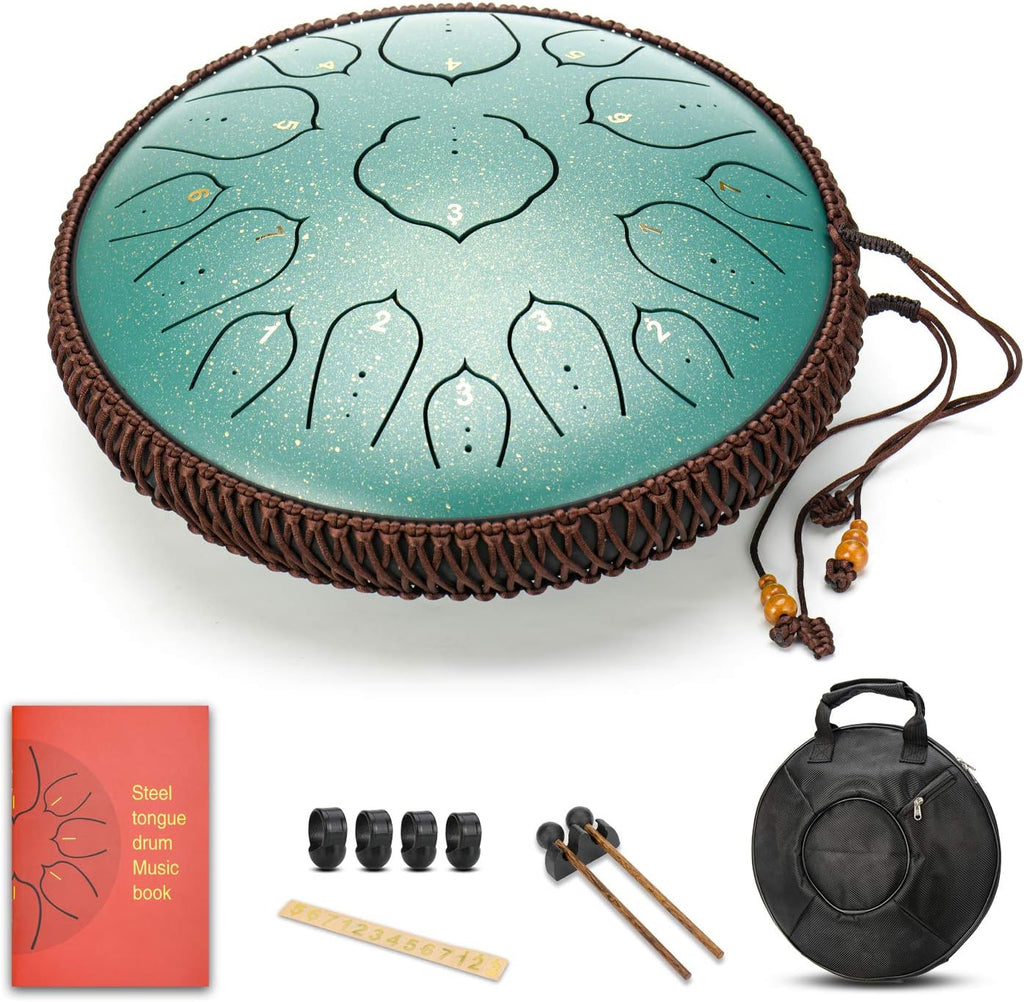 Green 15 Notes 14 Inches Steel Tongue Drum with Carrying Bag & Mallets S7240