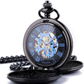 Black Blue Skeleton Mechanical Pocket Watch with Chain P72449