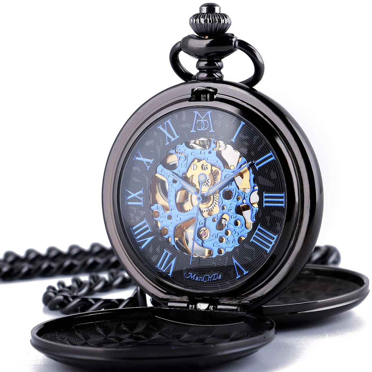 Black Blue Skeleton Mechanical Pocket Watch with Chain P72449