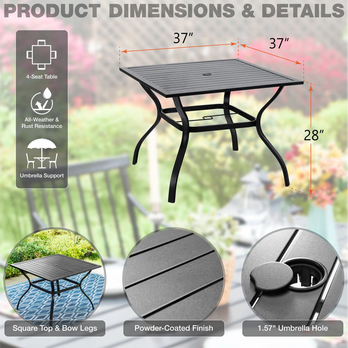 Outdoor Square Steel Dining Table for 4-Person, Black B84798