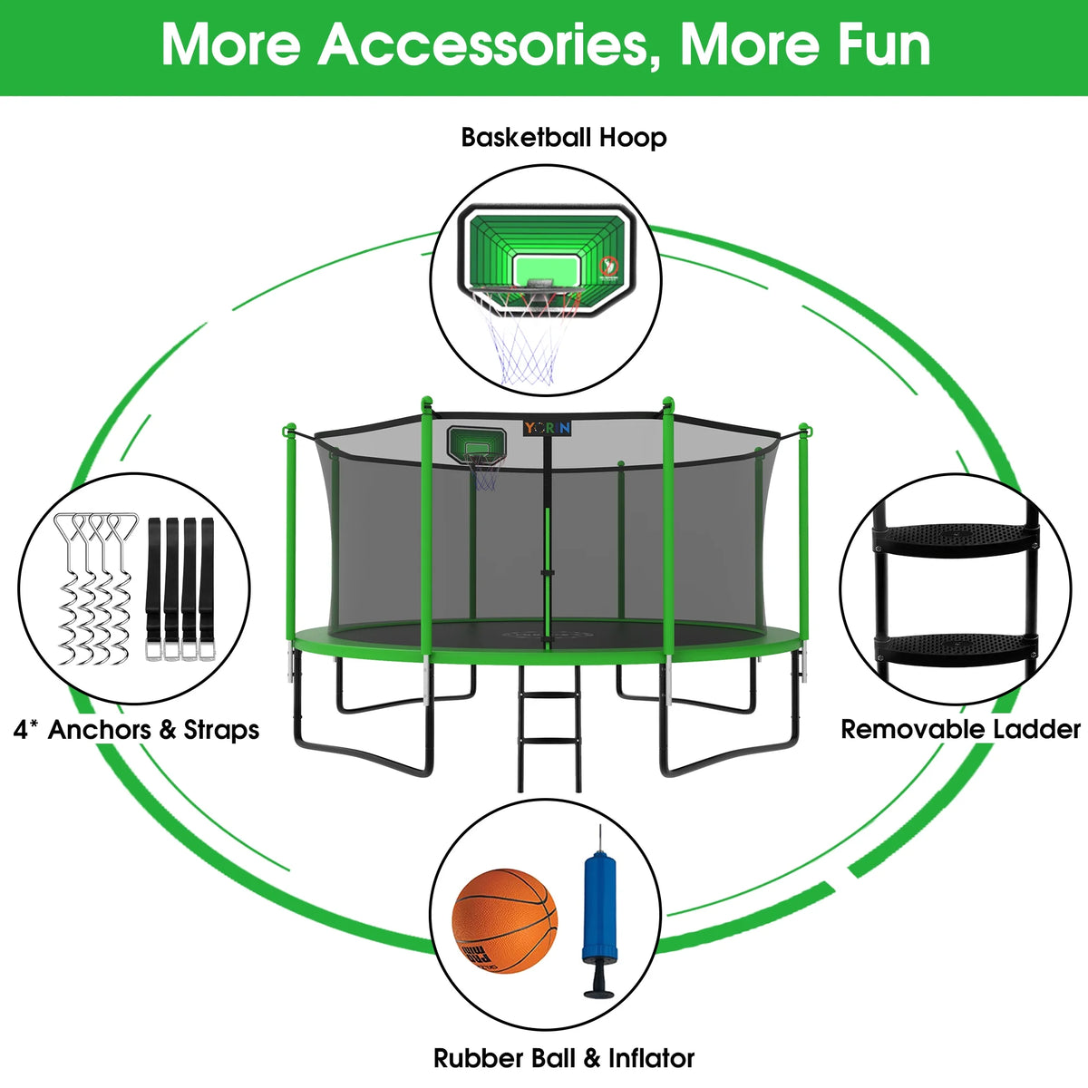 12FT 14FT 15FT Trampoline with Safety Enclosure Net, Basketball Hoop and Ladder H78196