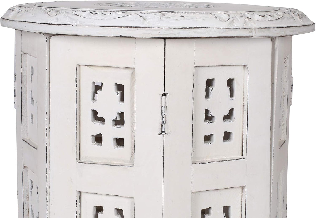 White 12 Inch Solid Wood Hand Carved Accent Table S66678