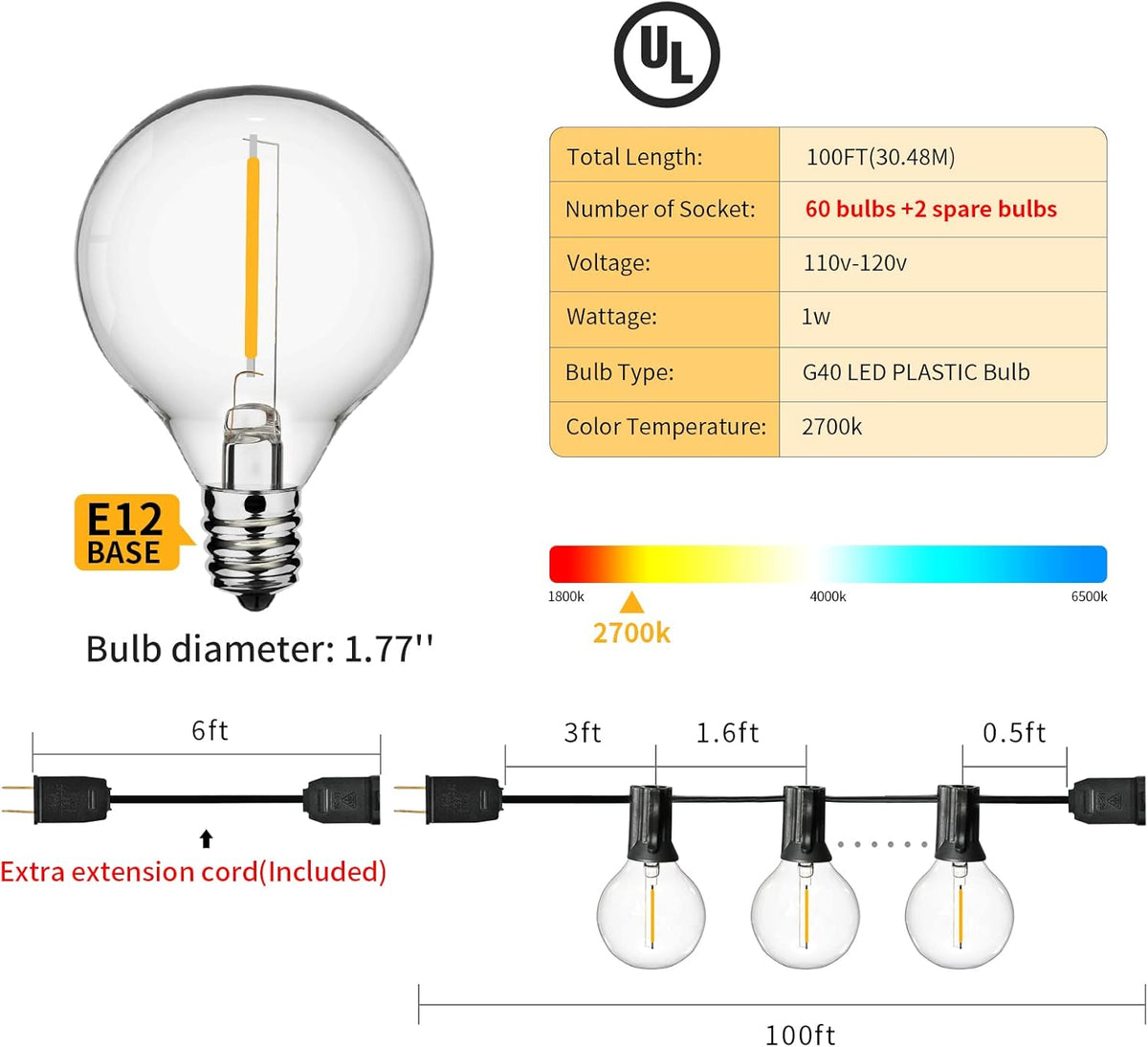 100ft Dimmable Waterproof Globe String Lights X477964