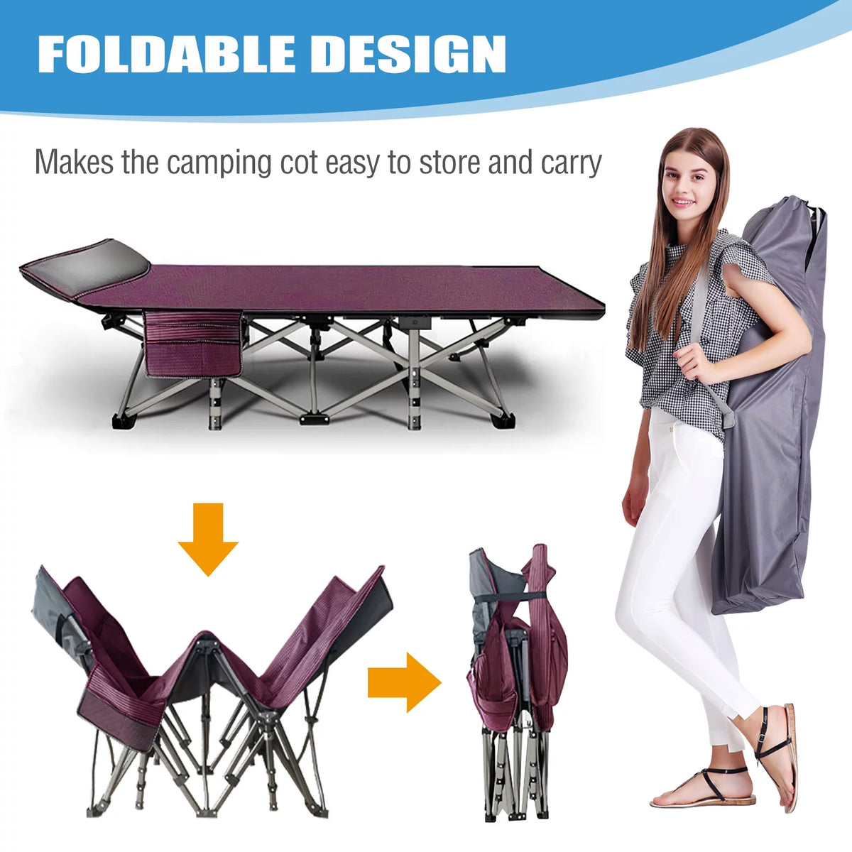 Folding Camping Cot with Cotton Pad & Carry Bag T857655