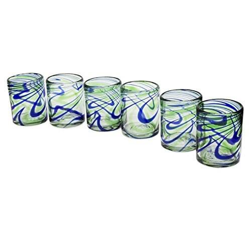 Blue and Green Swirl Hand Blown Glasses Set of 6 Q110
