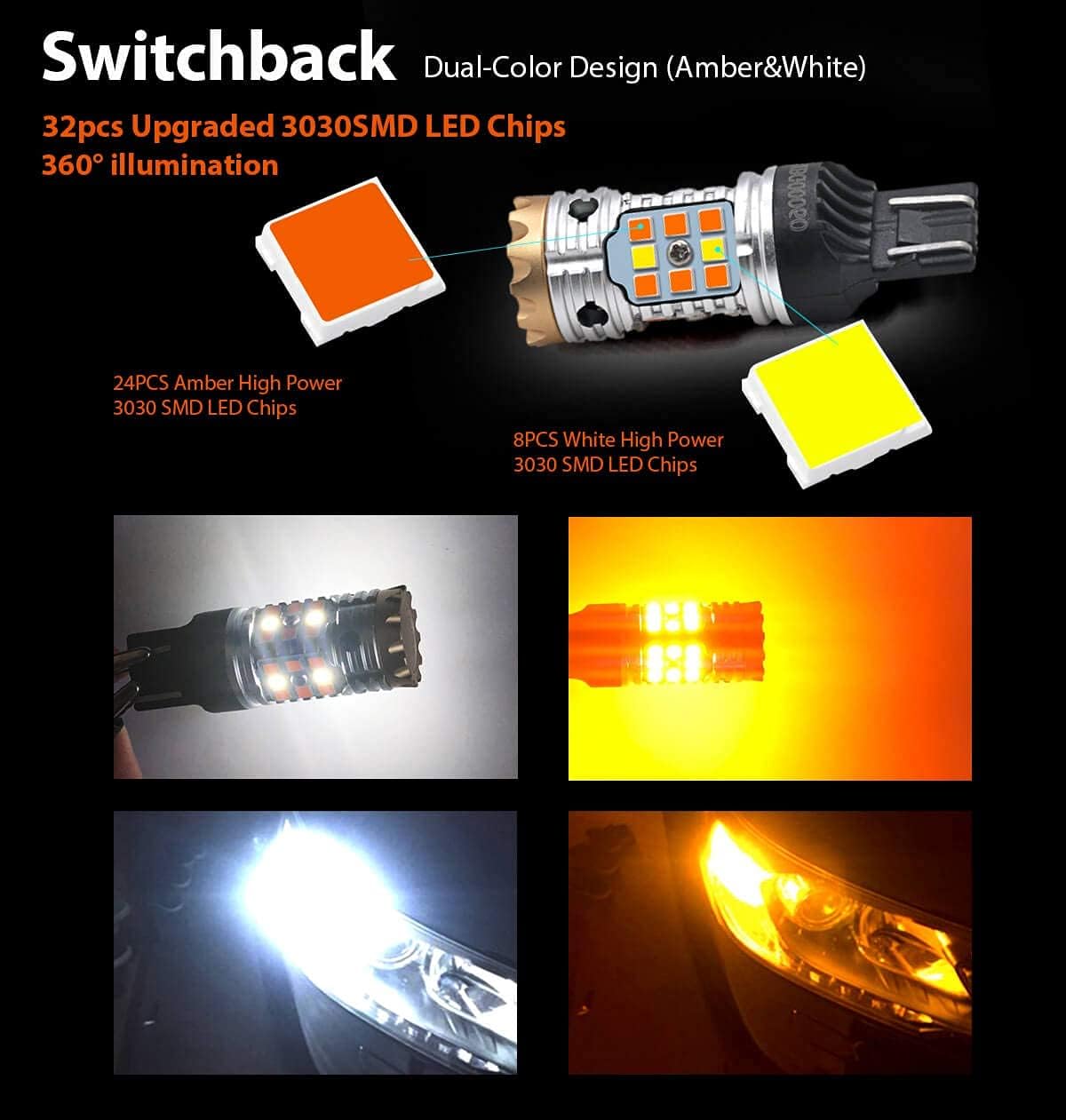 7443 Switchback LED Bulb 7444 7444NA Front Turn Signal Light White/Yellow Pack of 2 D489