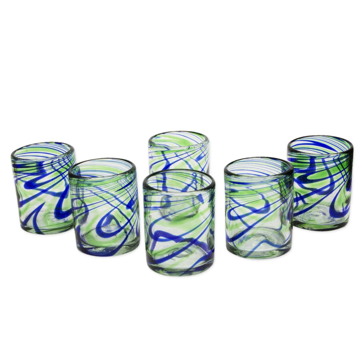 Blue and Green Swirl Hand Blown Glasses Set of 6 Q110