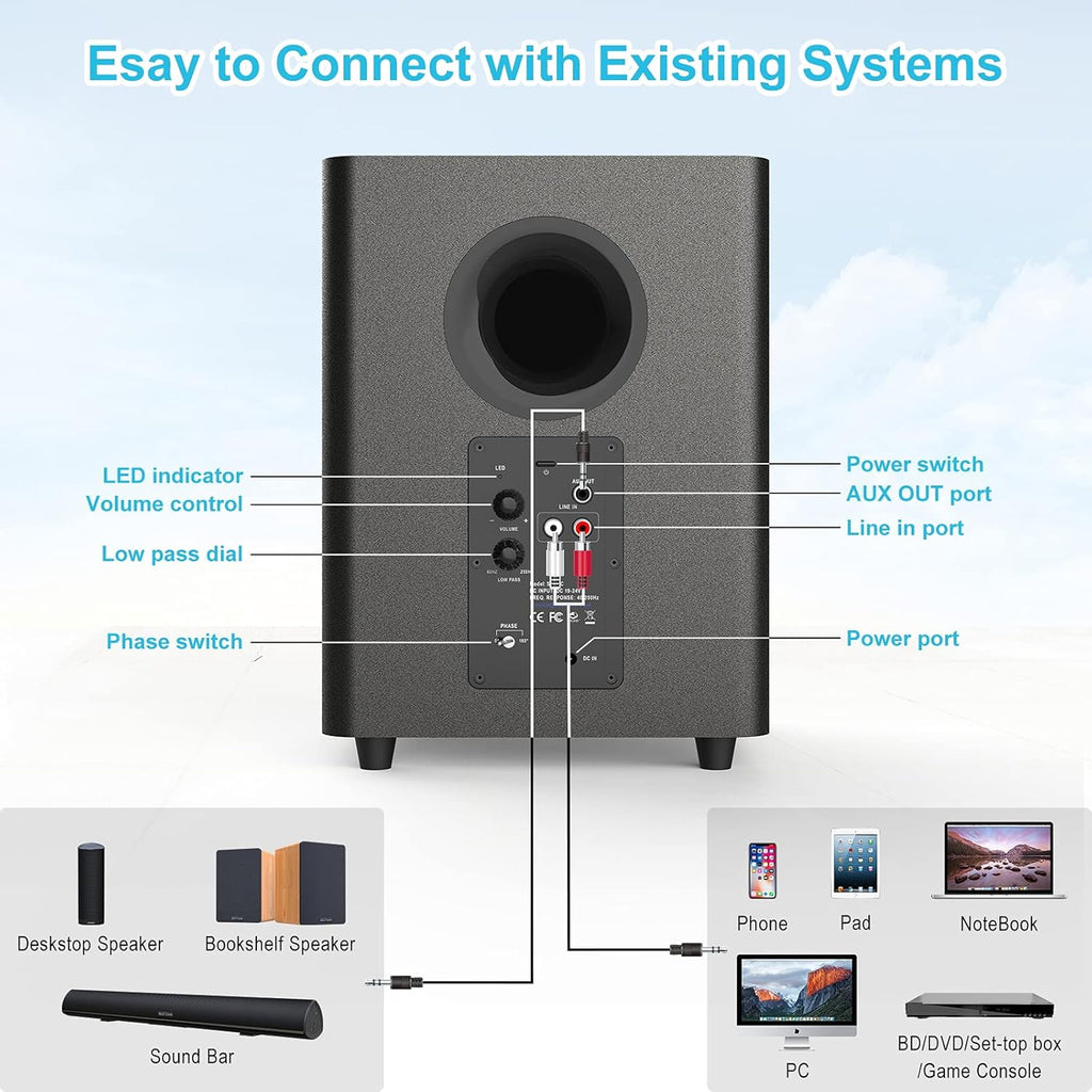 Powered Down Firing Subwoofer with RCA Cable, Black D3786