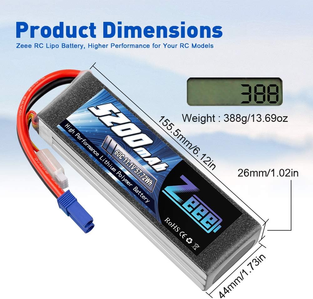 3S LiPo Battery 11.1V 60C 5200mAh EC5 Connector 2 Pack D281