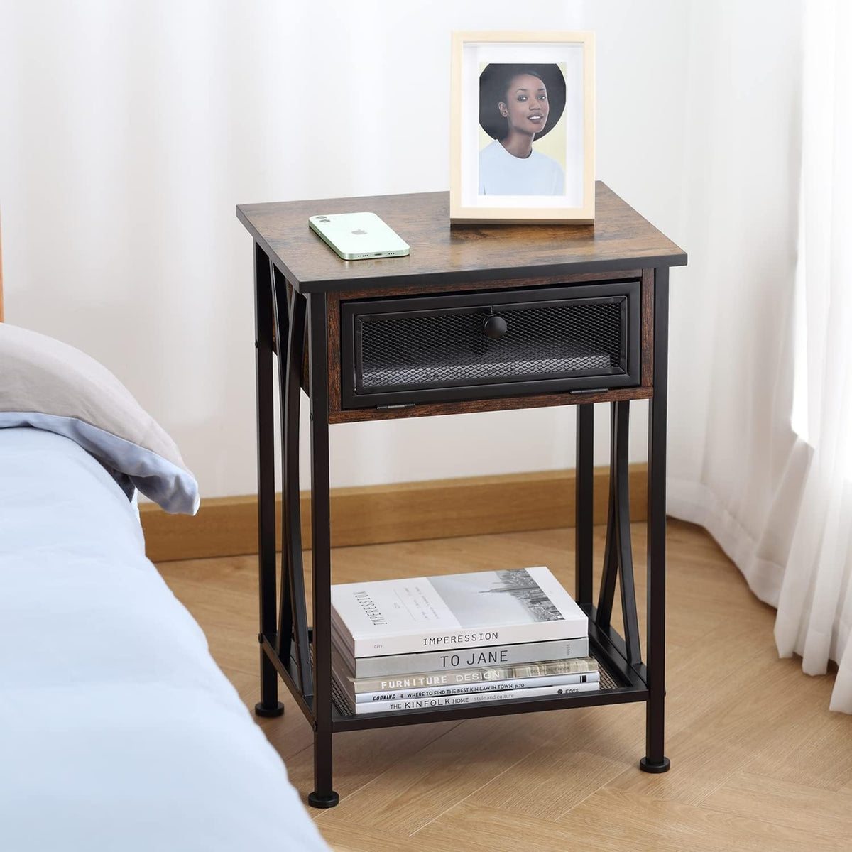 Rustic Brown Nightstand with Storage Cabinet and Shelf P986