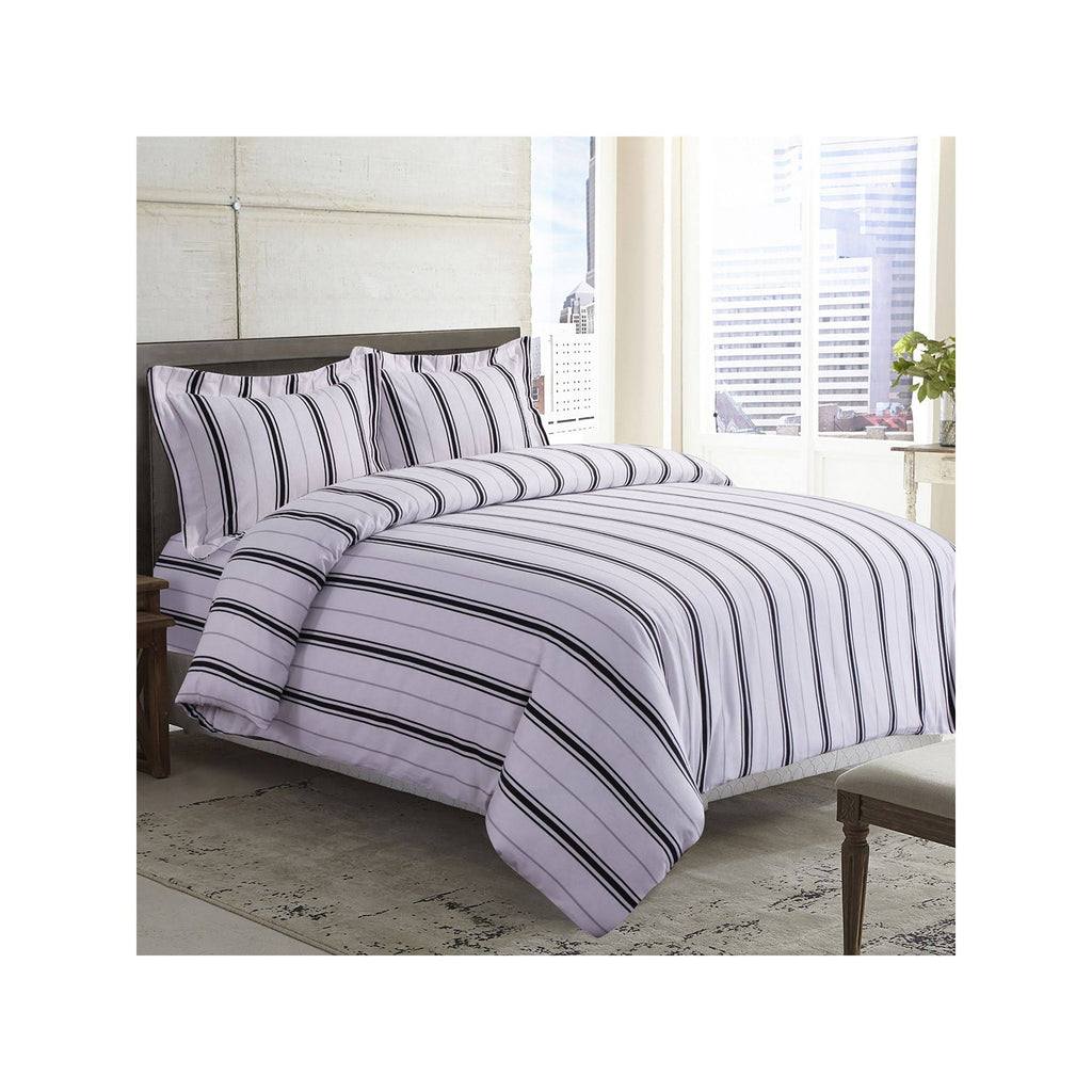Black Grey Stripe Printed Flannel Duvet Cover Set King L23583