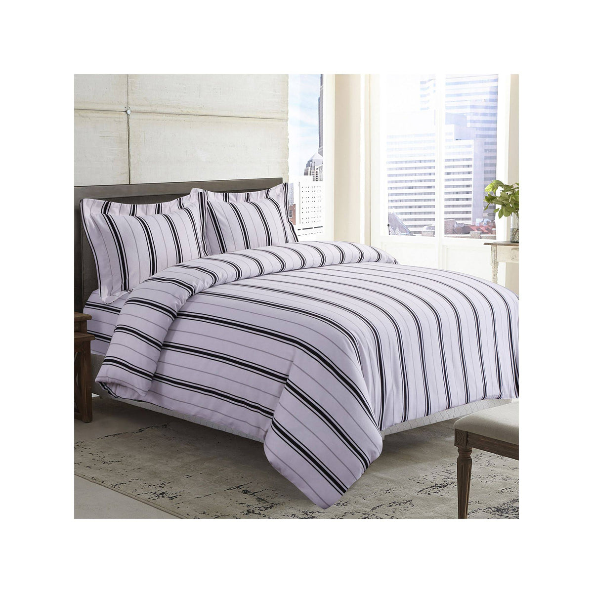 Black Grey Stripe Printed Flannel Duvet Cover Set King L23583
