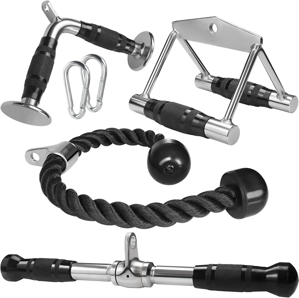 Cable Machine Attachment with Double D Handle, V-Shaped Bar, Tricep Rope, Rotating Straight Bar L293280