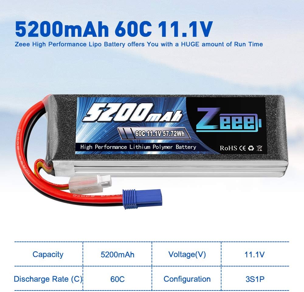 3S LiPo Battery 11.1V 60C 5200mAh EC5 Connector 2 Pack D281