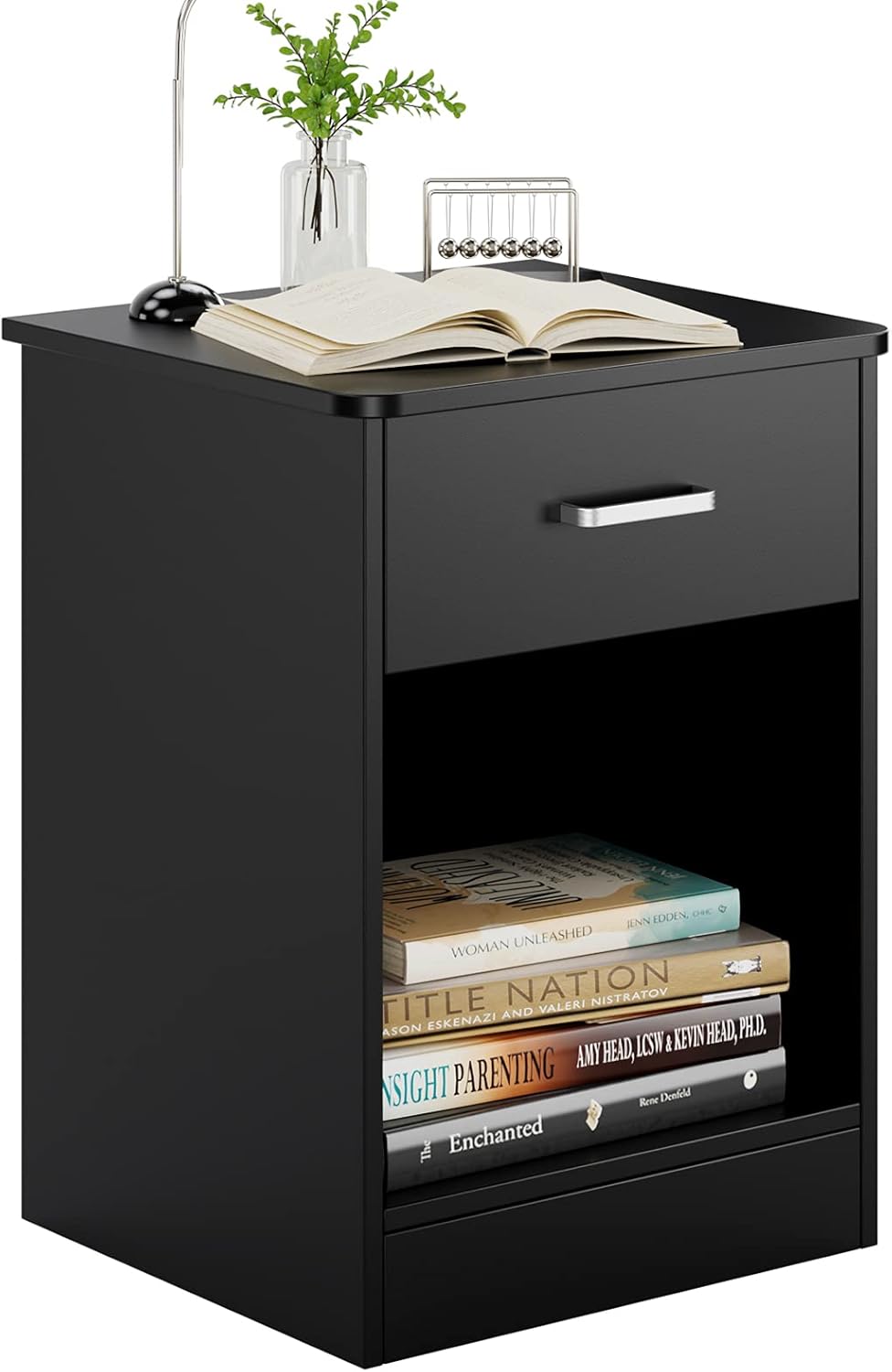 Black 2 Tier Nightstand with Drawer and Storage Cabinet U524