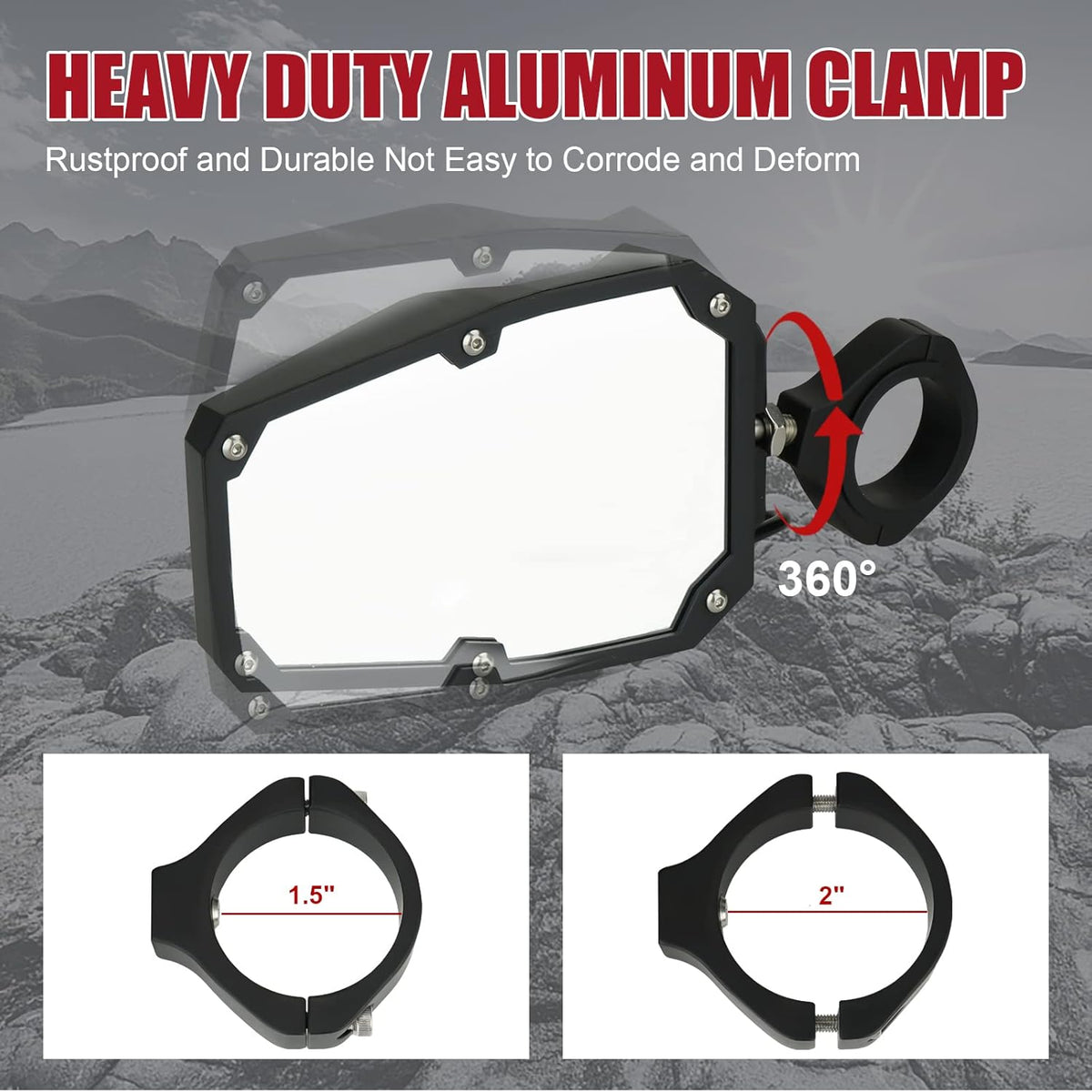 UTV Side Mirrors with Spotlight, 1.75-2 Roll Bar, Heavy Duty Aluminium O9189