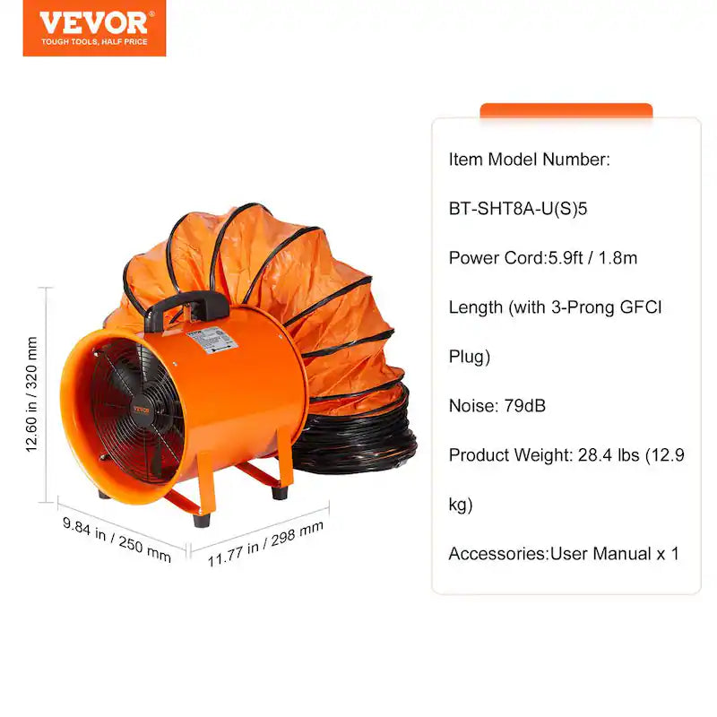 Portable 8 in. Heavy Duty Blower Fan with Duct Hose 195W 1070CFM Z70096