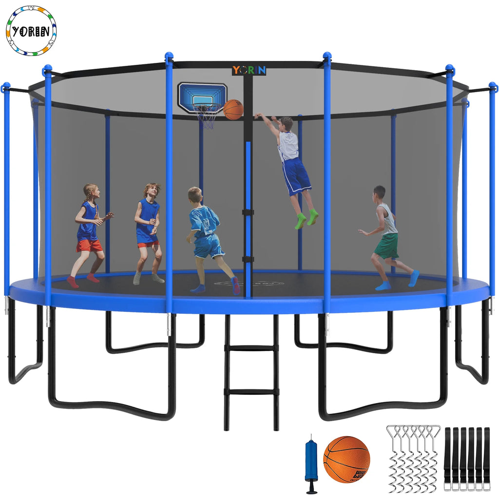 12FT 14FT 15FT Trampoline with Safety Enclosure Net, Basketball Hoop and Ladder H78196