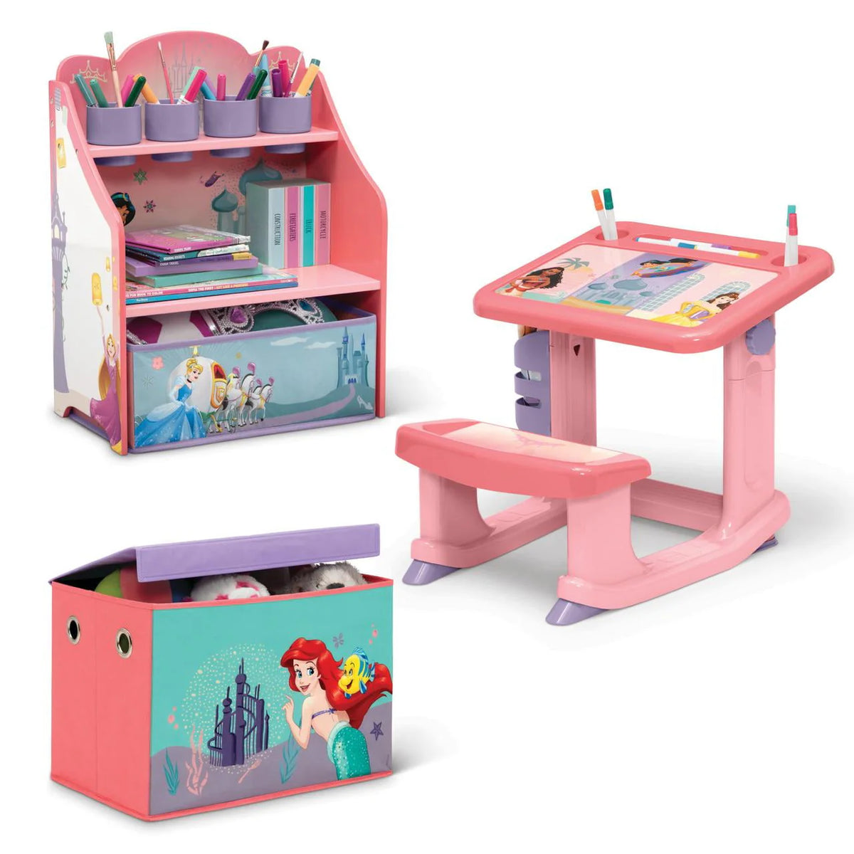 Pink 3-Piece Toddler Art & Play Set with Desk, Storage Station & Toy Box E28858