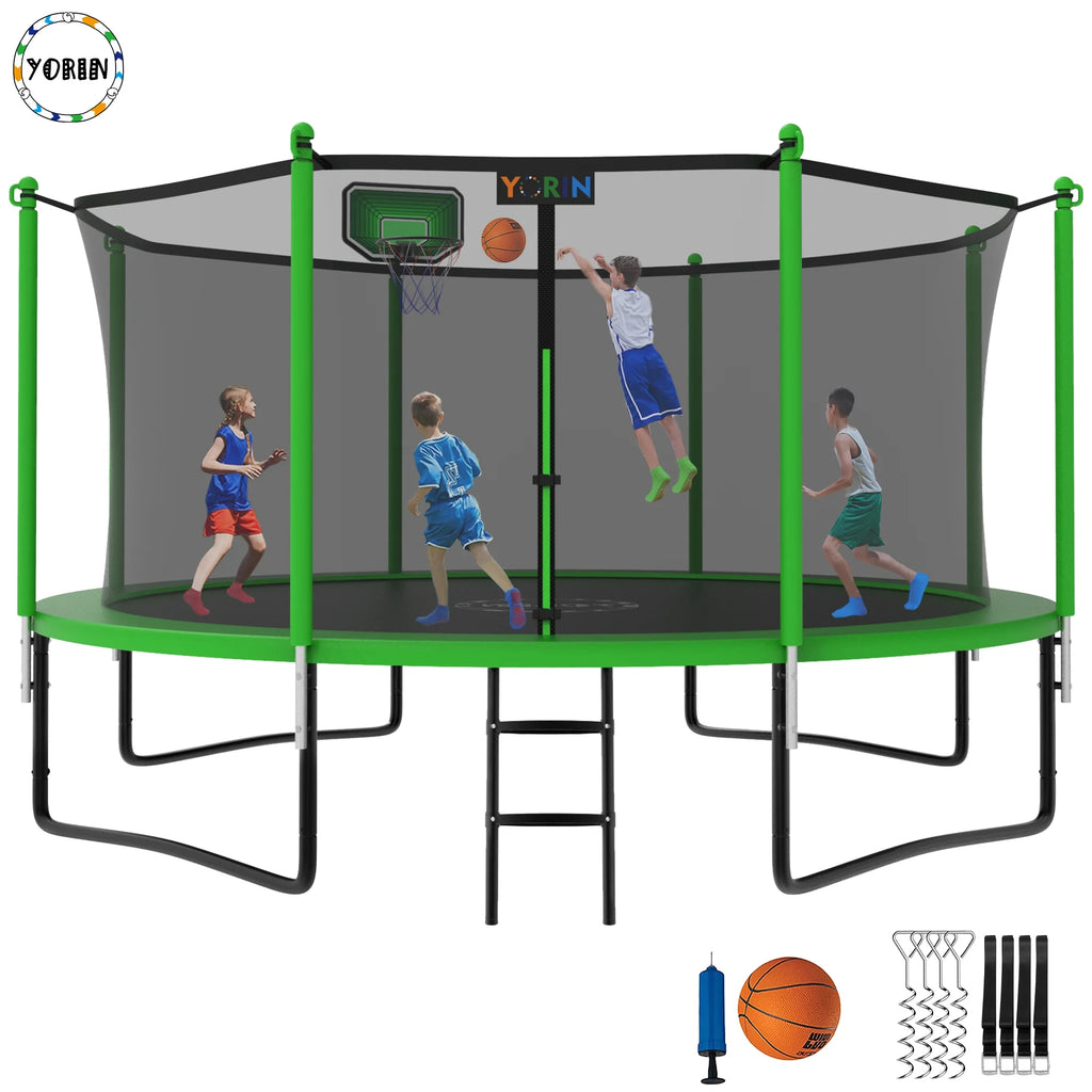 12FT 14FT 15FT Trampoline with Safety Enclosure Net, Basketball Hoop and Ladder H78196