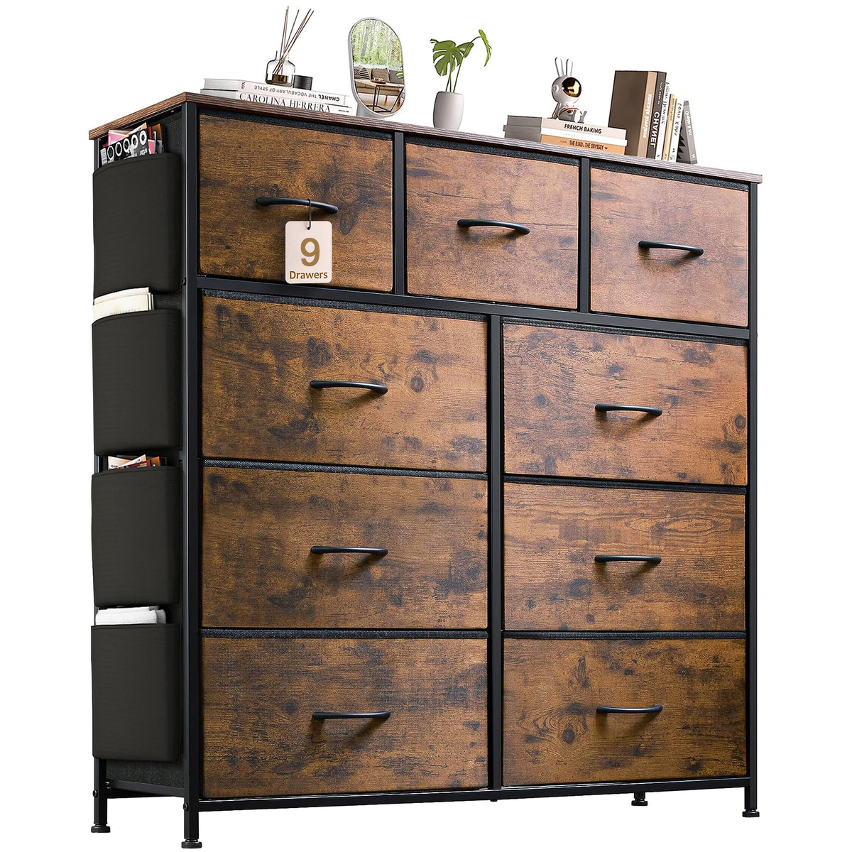 9 Drawer Fabric Dresser with Side Pockets E678